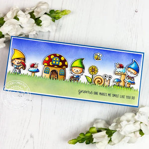 Sunny Studio Gnomes, Mushroom House, Snail, Bumblebee & Ladybugs Slimline Card using Backyard Bugs Clear Photopolymer Stamps