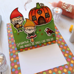 Sunny Studio Stamps Fall Gnomes with Pumpkin House Pop-up Autumn Card featuring Sliding Window Metal Cutting Dies