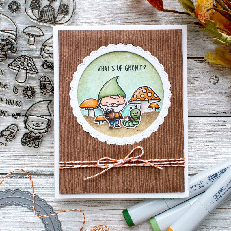 Sunny Studio Fall Gnome Woodgrain Card using Amazing Argyle 6x6 Paper