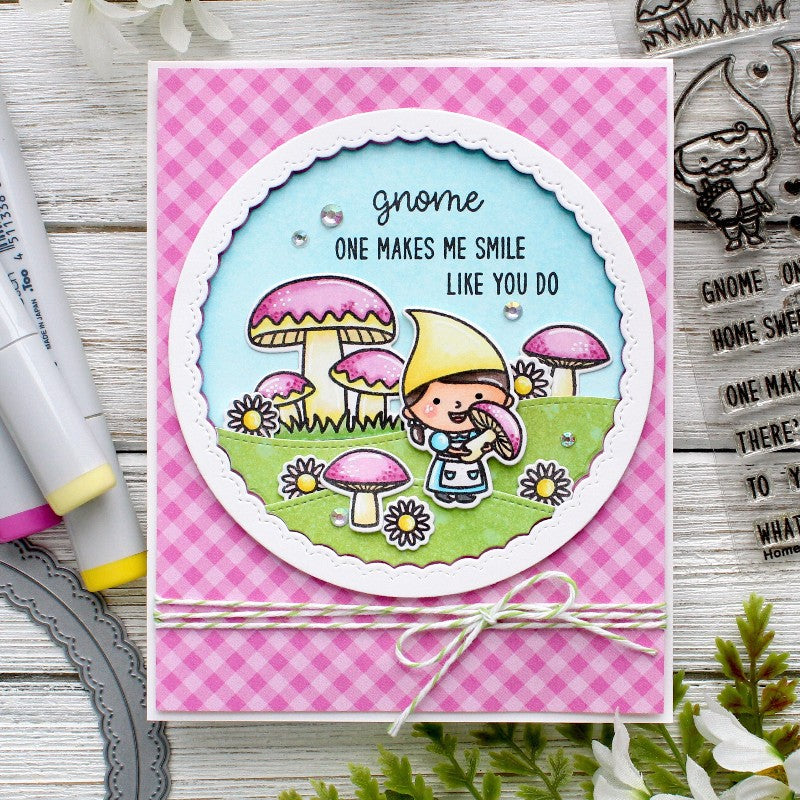 Sunny Studio Stamps Home Sweet Gnome Pink Gingham Girly Card