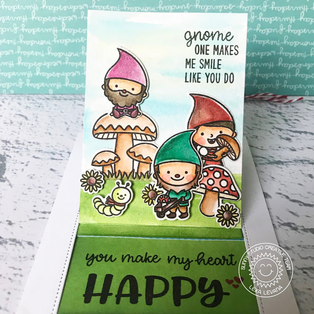 Sunny Studio Stamps You Make My Heart Happy Gnome Pop-up Card by Lexa Levana featuring Sliding Window Metal Cutting Dies