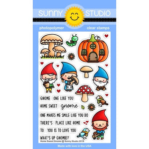 Sunny Studio Stamps Home Sweet Gnome Fall 4x6 Photopolymer Stamp Set with Pumpkin House, Mushrooms, bird, sunflowers & Gnomes
