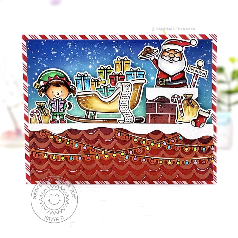 Sunny Studio Santa on Roof with Sleigh & Elf Holiday Christmas Card (using North Pole 4x6 Clear Stamps)