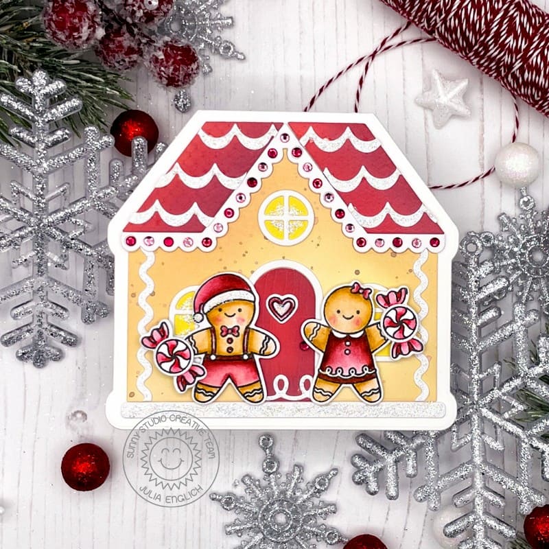 Sunny Studio Gingerbread House with Boy & Girl Shaped Holiday Christmas Card (using Gingerbread House Metal Cutting Dies)