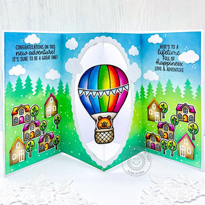 Sunny Studio Stamps Rainbow Hot Air Balloon Spinner New Home, Wedding or Retirement Card using Scalloped Oval Mat 1 Dies