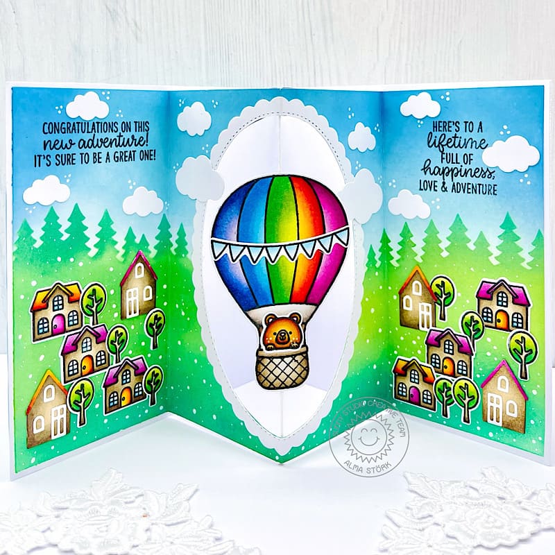 Sunny Studio Rainbow Hot Air Balloon Pop-up Spinner New Home, Wedding or Retirement Card (using Inside Greetings Congrats Sentiment Clear Stamps)