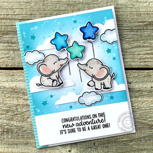 Sunny Studio Congratulations on this new adventure Elephants with Star Balloons in Floating Clouds Card (using Inside Greetings Congrats Clear Sentiment Stamps)
