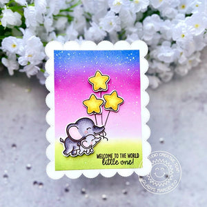 Sunny Studio Welcome to the World Little One Star Balloons Scalloped Card (using Baby Elephants 4x6 Clear Stamps)