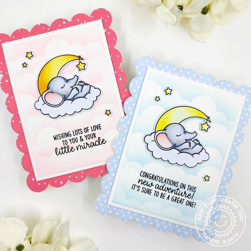 Sunny Studio Elephant Sleeping in Clouds with Moon & Stars Scalloped Baby Cards (using Baby Elephants Clear Stamps)