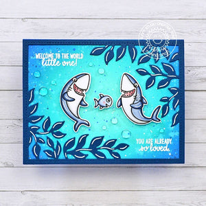 Sunny Studio Stamps Welcome To the World Little One Baby Shark Card (using Botanical Backdrop Leafy Frame Metal Cutting Die)