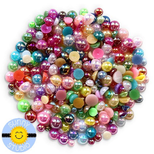Sunny Studio Stamps 3mm, 4mm, 5mm & 6mm Rainbow Colorful Flat Backed Iridescent Pearlescent Glossy Pearls Embellishment assortment mix for card making, paper crafts and scrapbooking
