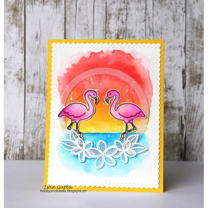 Sunny Studio Stamps Tropical Paradise Hot Pink Flamingos at Sunset Card with Watercolor Background by Isha Gupta
