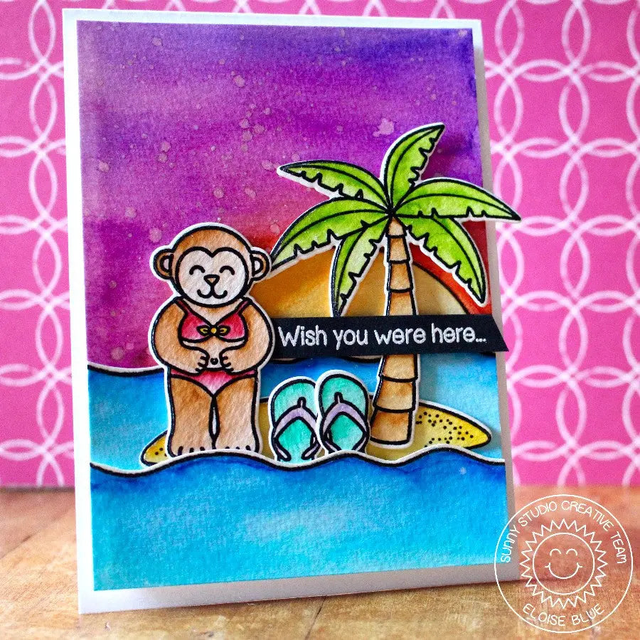 Sunny Studio Stamps Island Getaway Wish You Were Here Watercolor Palm Tree, Monkey & Flip Flops Summer Scene Card