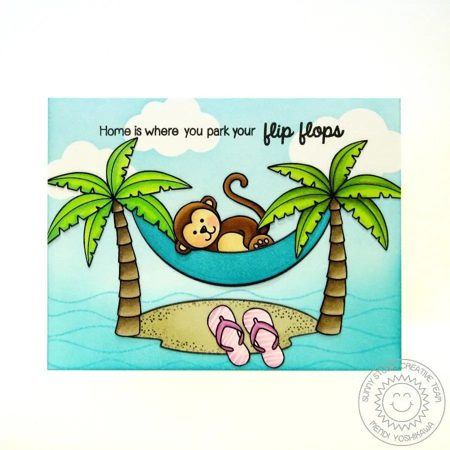Sunny Studio Stamps Comfy Creatures Monkey in Hammock Flip Flops Card