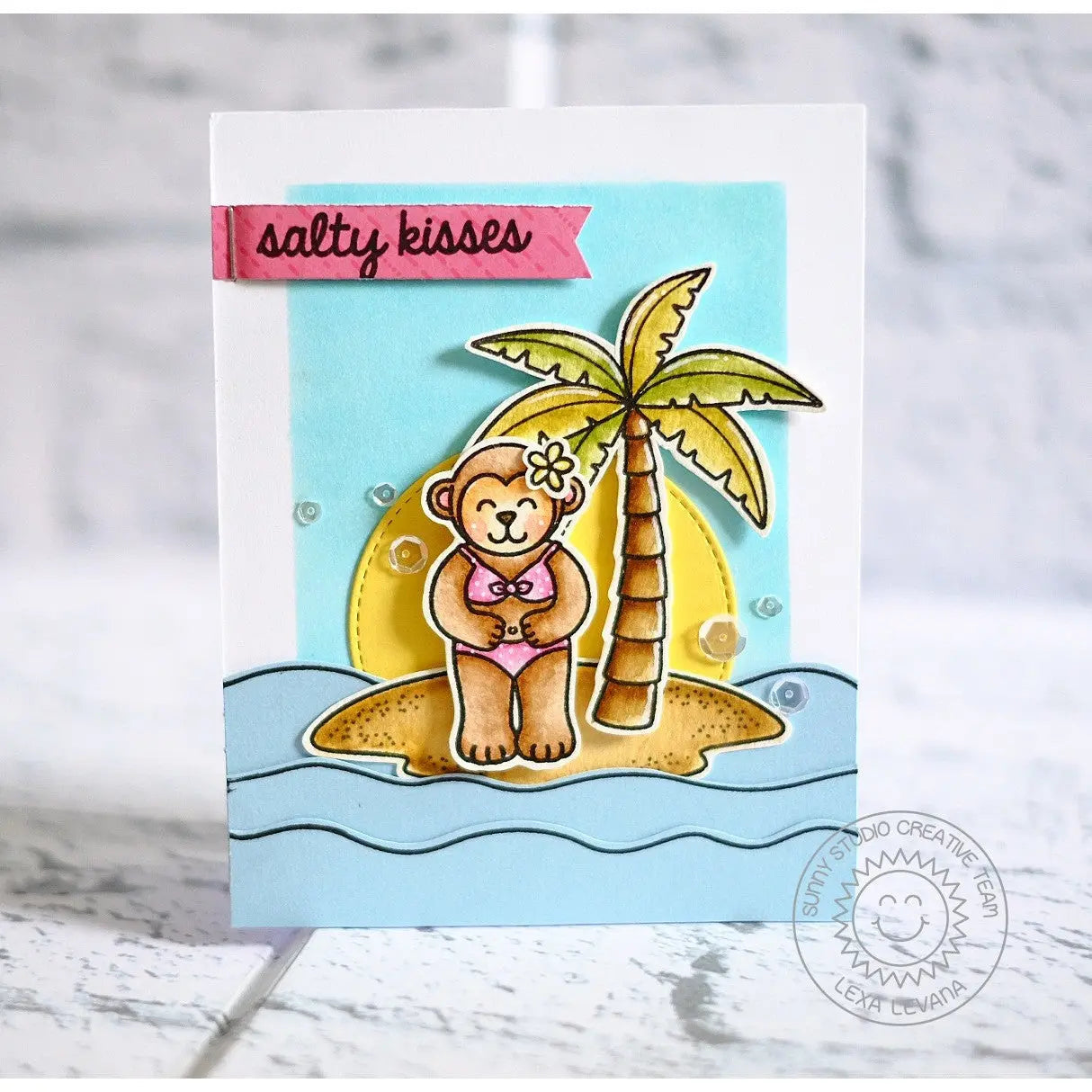 Sunny Studio Stamps Salty Kisses Monkey in Bikini Swimsuit Tropical Island Summer Card using Wavy Border Metal Cutting Dies