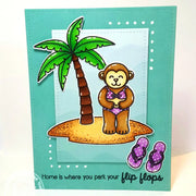 Sunny Studio Stamps Island Getaway "Home Is Where You Park Your Flip Flips" Monkey in Bikini with Palm Tree Summer Card