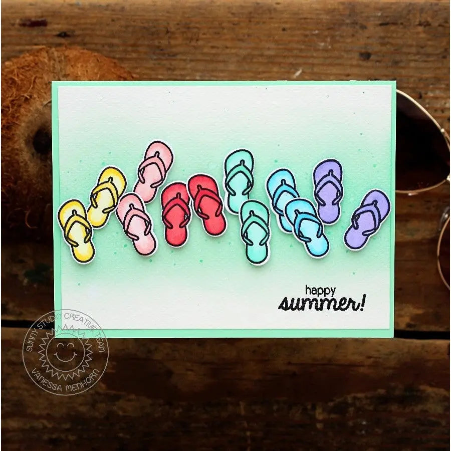 Sunny Studio Stamps Island Getaway Happy Summer Colorful Flip Flops Card by Vanessa Menhorn
