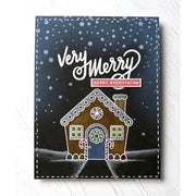 Sunny Studio Stamps Jolly Gingerbread House Holiday Christmas Card by Kristina Werner White Colored Pencils & Embossing on Black Cardstock Background