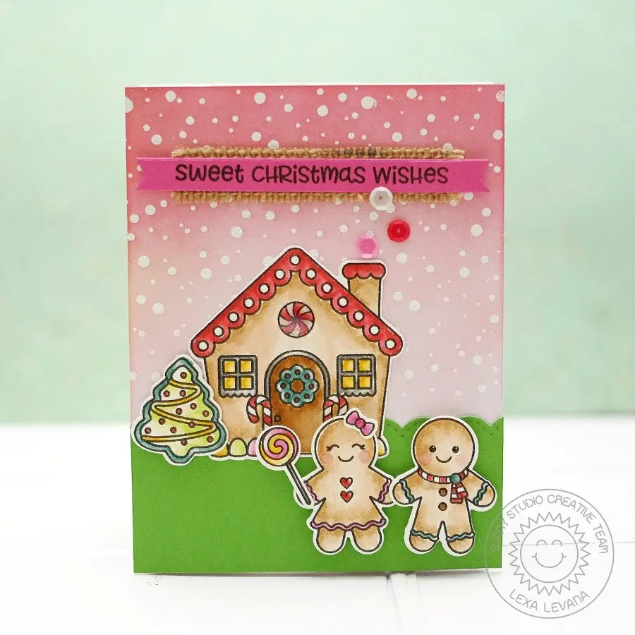 Sunny Studio Stamps Frosty Flurries Gingerbread Christmas Holiday Card by Lexa with Pink Snowy Background
