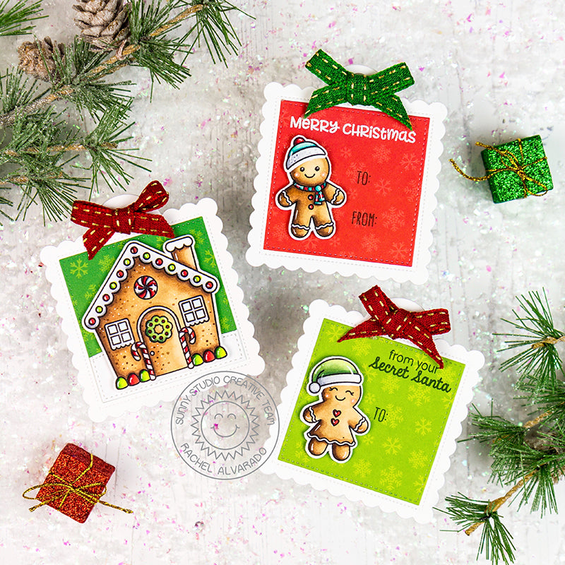 Sunny Studio Stamps Gingerbread House & Men Christmas Holiday Gift Tags by Rachel using stitched Scalloped Square Tag Dies