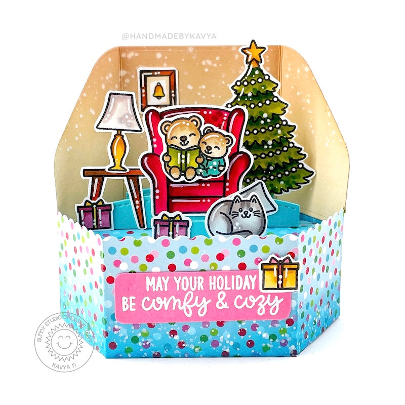 Sunny Studio Bear Reading Story Book in Armchair by Holiday Tree Pop-up Box Card (using Cozy Christmas 4x6 Clear Stamps)