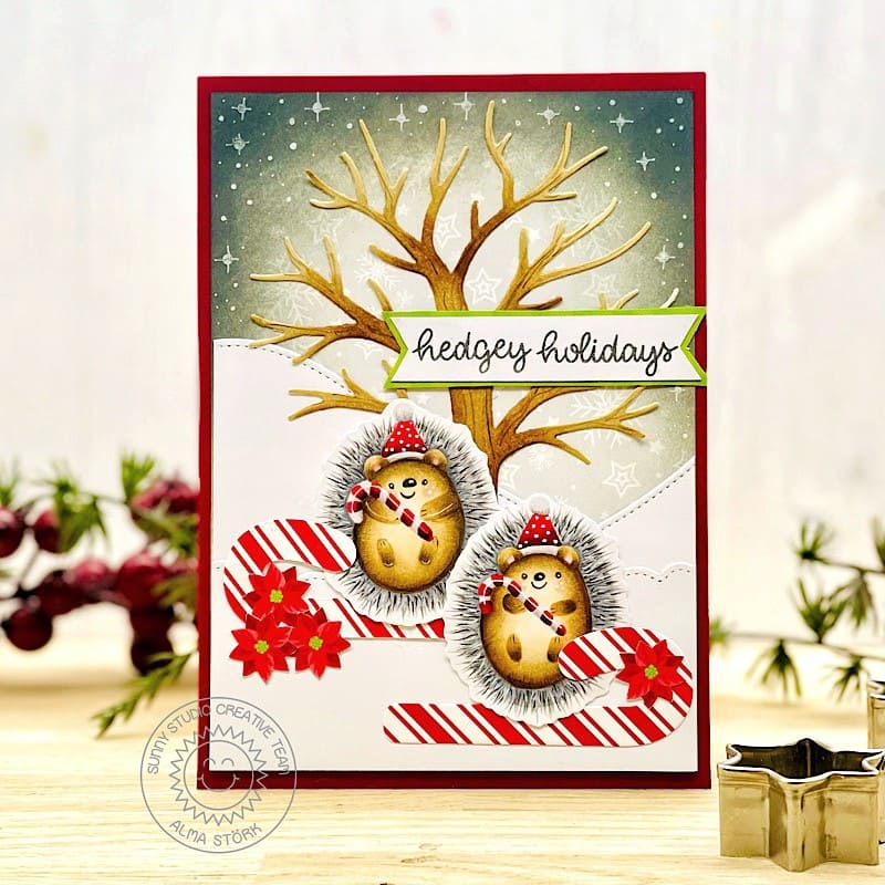 Sunny Studio Stamps Hedgey Holiday Hedgehogs with Candy Canes Christmas Card (using Autumn Tree Metal Cutting Die)