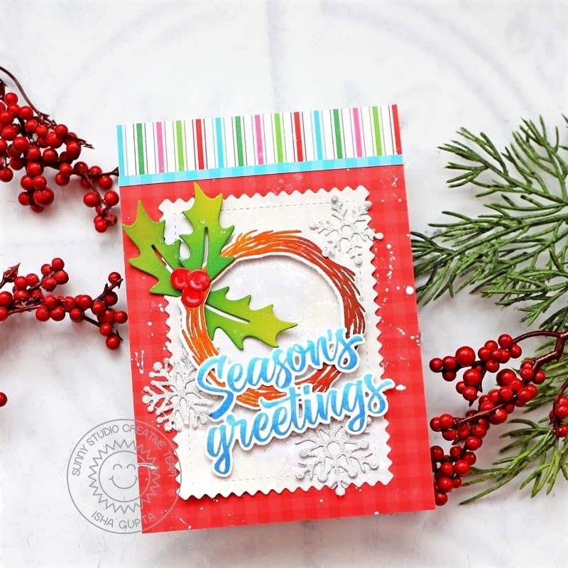 Sunny Studio Stamps Holiday Holly Wreath Season's Greetings DIY Christmas Card (using Lacy Snowflake Metal Cutting Dies)