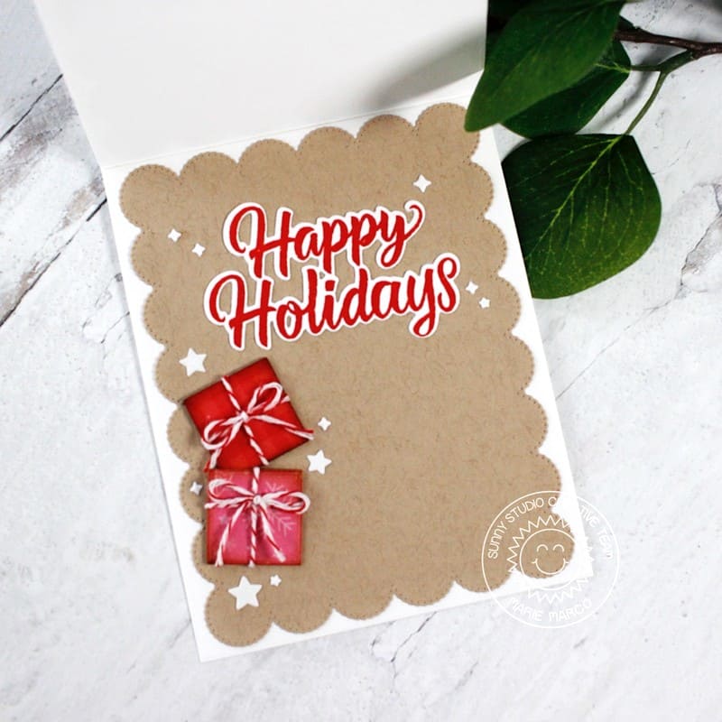 Sunny Studio Wrapped Christmas Presents & Gifts Inside Kraft Scalloped Card (using Holiday Greetings 4x6 Clear Stamps)