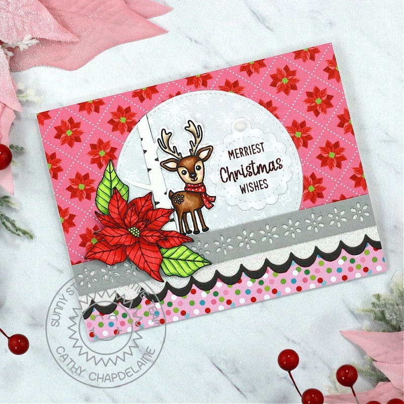 Sunny Studio Poinsettia & Reindeer Handmade Scalloped Holiday Christmas Card (using Reindeer Games 4x6 Clear Stamps)
