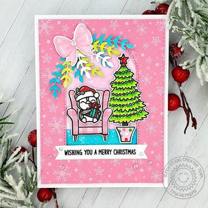 Sunny Studio Penguin Sitting in Armchair with Holiday Tree Handmade Card (using Cozy Christmas 4x6 Clear Stamps)