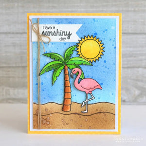 Sunny Studio Stamps Tropical Paradise Have A Sunshiny Day Flamingo with Palm Tree & Sunshine Summer Card by Juliana Michaels