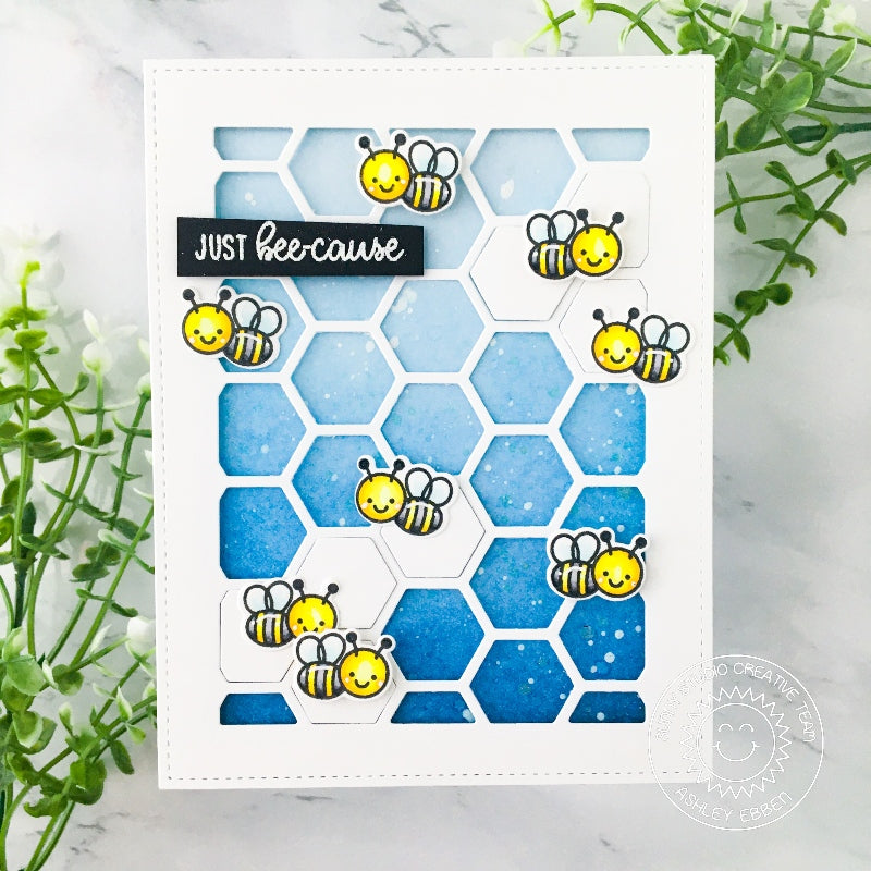 Sunny Studio Bumblebee Honey Bee Card with Blue Honeycomb Background (using Frilly Frames Hexagon Metal Cutting Dies)