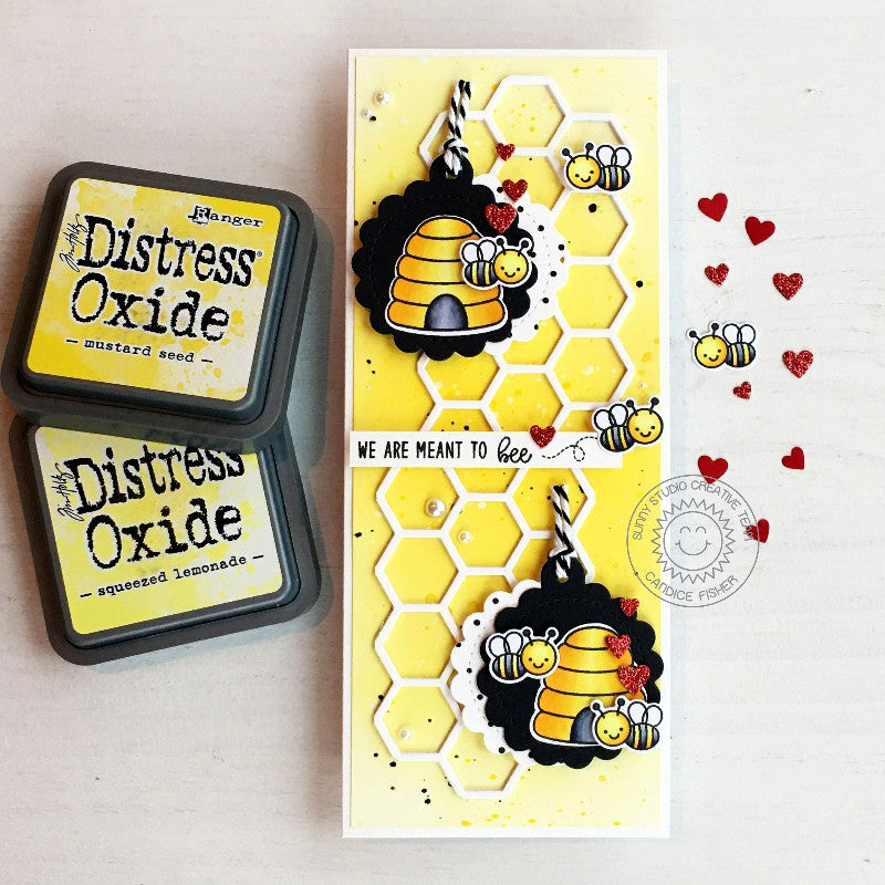 Sunny Studio Stamps We Are Meant To Bee Punny Bumblebee Love Themed Slimline Card using Stitched Scalloped Circle Cutting die