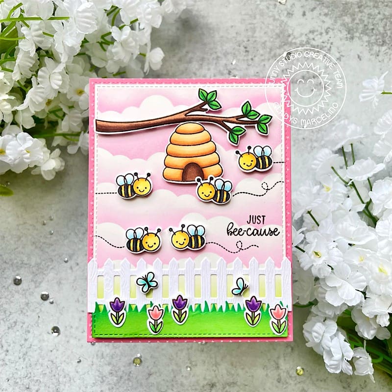 Sunny Studio Stamps Honey Bees with Beehive Hanging From Tree Branch Summer Card (using Picket Fence Cutting Dies)