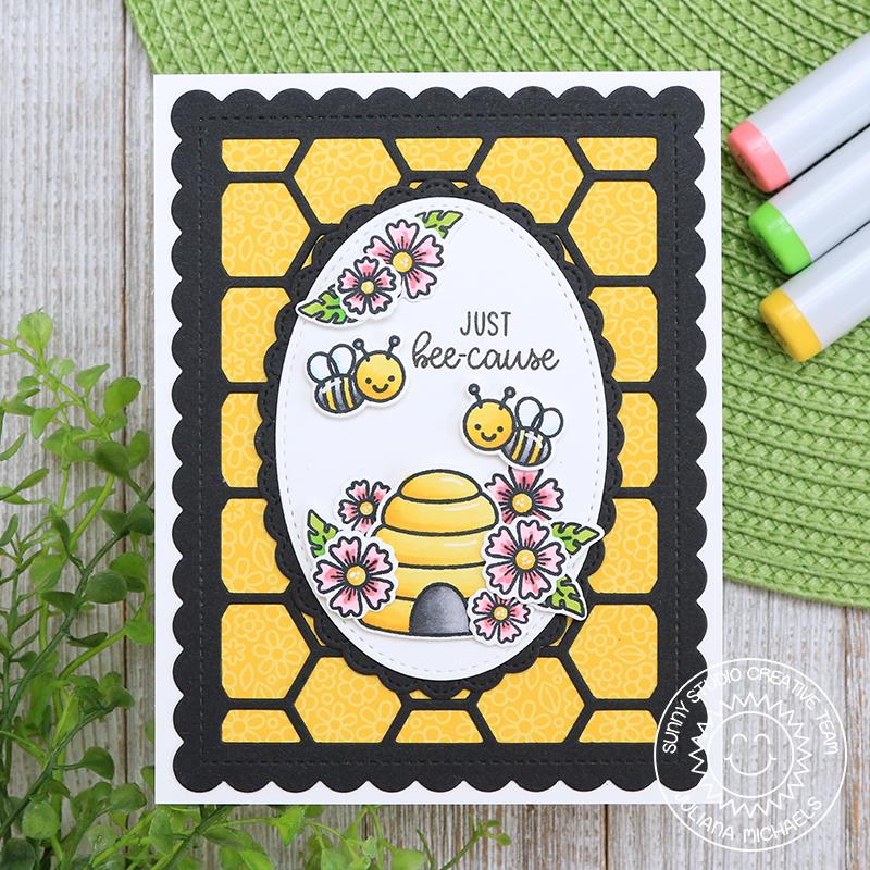 Sunny Studio Stamps Just Bee-cause Honey Bee with Beehive Card with black & yellow honeycomb background (using Frilly Frames Hexagon Dies)