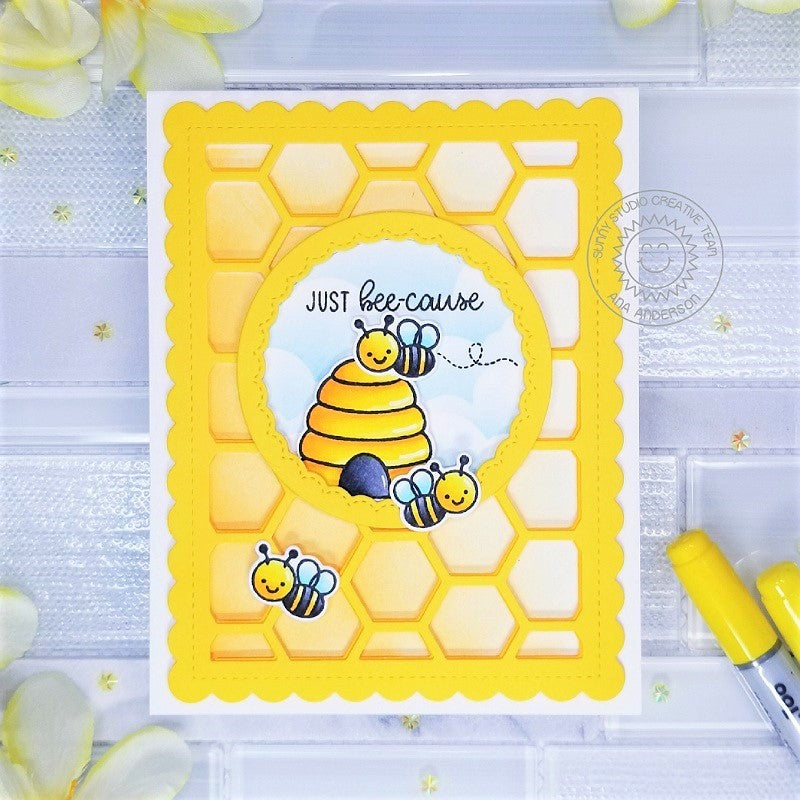 Sunny Studio Stamps Honey Bee with Beehive and Honeycomb Background Card (using Frilly Frames Hexagon Metal Cutting Die)