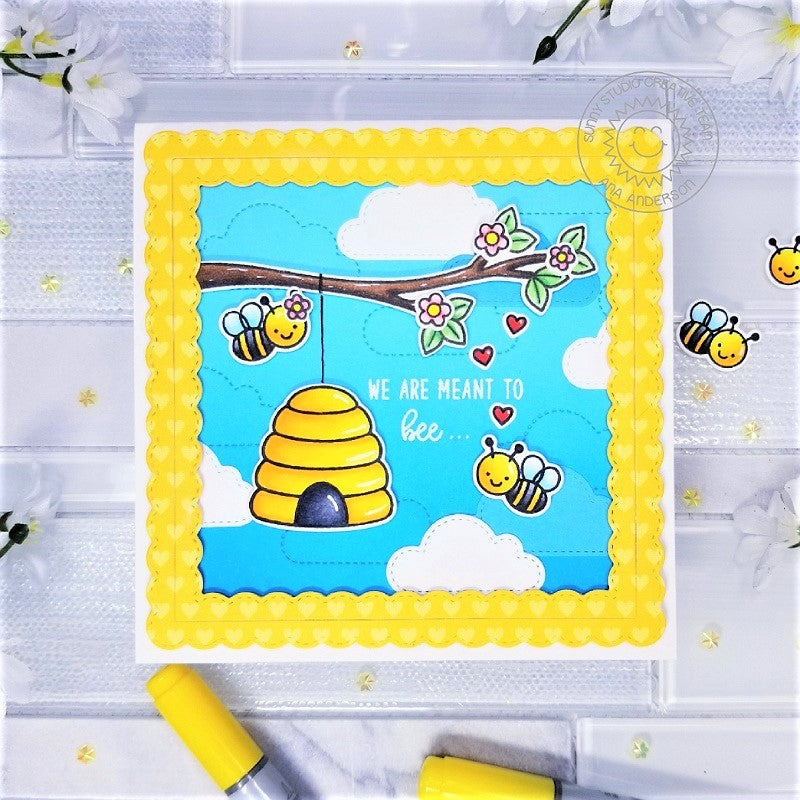 Sunny Studio Stamps Honey Bee with Beehive hanging on Tree Branch Handmade Card by Ana Anderson (using stitched Fluffy Cloud Dies)