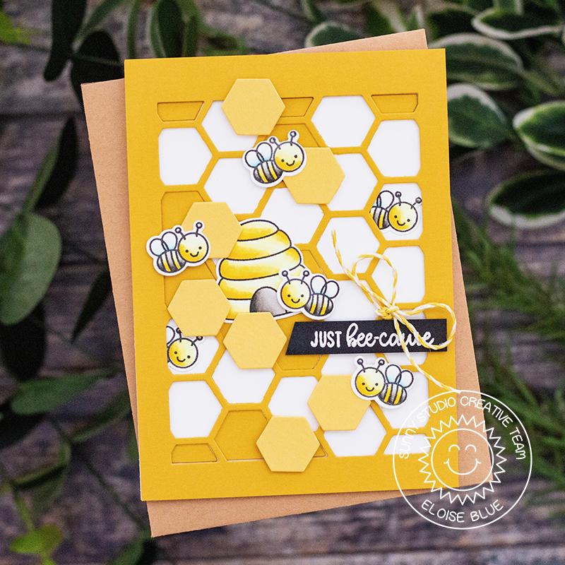 Sunny Studio Stamps Just Bee-cause Honey Bee with Honeycomb Background Card by Eloise Blue