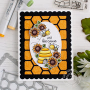 Sunny Studio Stamps Just Bee-cause Honey Bee & Sunflowers Fall Honeycomb Card by Leanne West (using Tone-on-tone leaf print from Colorful Autumn 6x6 Paper pack)