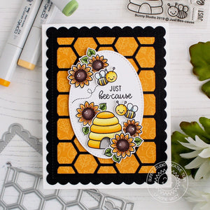 Sunny Studio Stamps Just Bee-cause Honey Bee & Sunflowers Fall Honeycomb Card by Leanne West (using Tone-on-tone leaf print from Colorful Autumn 6x6 Paper pack)