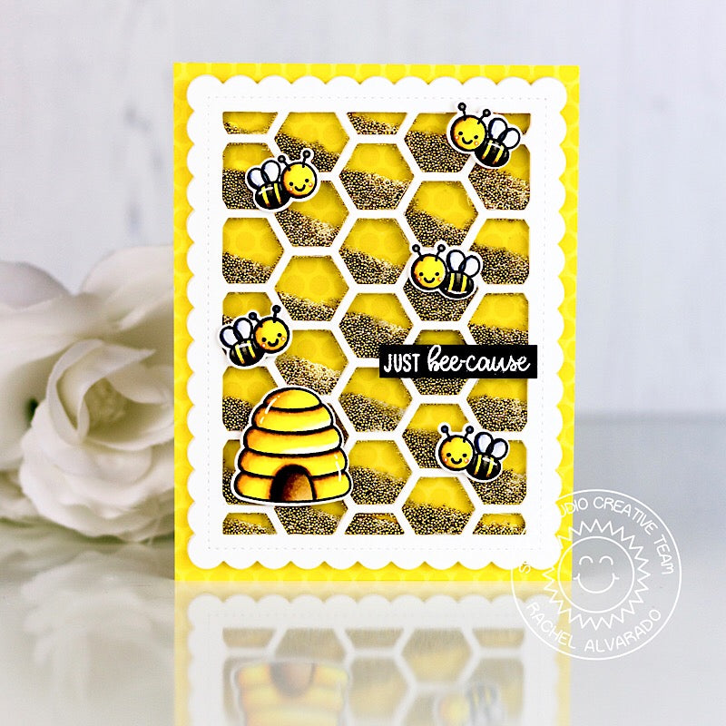 Sunny Studio Stamps Just Bee-cause Honey Bee with Honeycomb and Beehive Card (using Frilly Frames Hexagon Metal Cutting Dies)