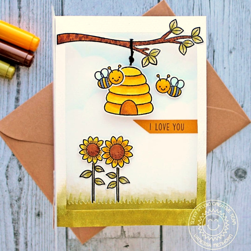 Sunny Studio Stamps Honey Bee with Beehive hanging from Tree Branch with Sunflowers Card
