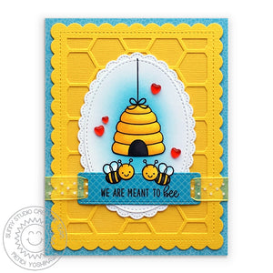 Sunny Studio Stamps Yellow & Blue Bumble Bee Honeycomb Card (using Frilly Frames Hexagon metal cutting dies)