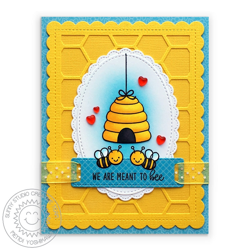 Sunny Studio Stamps Just Bee-cause "We Were Meant To Bee" Yellow & Blue Bumblebee Honeycomb Card