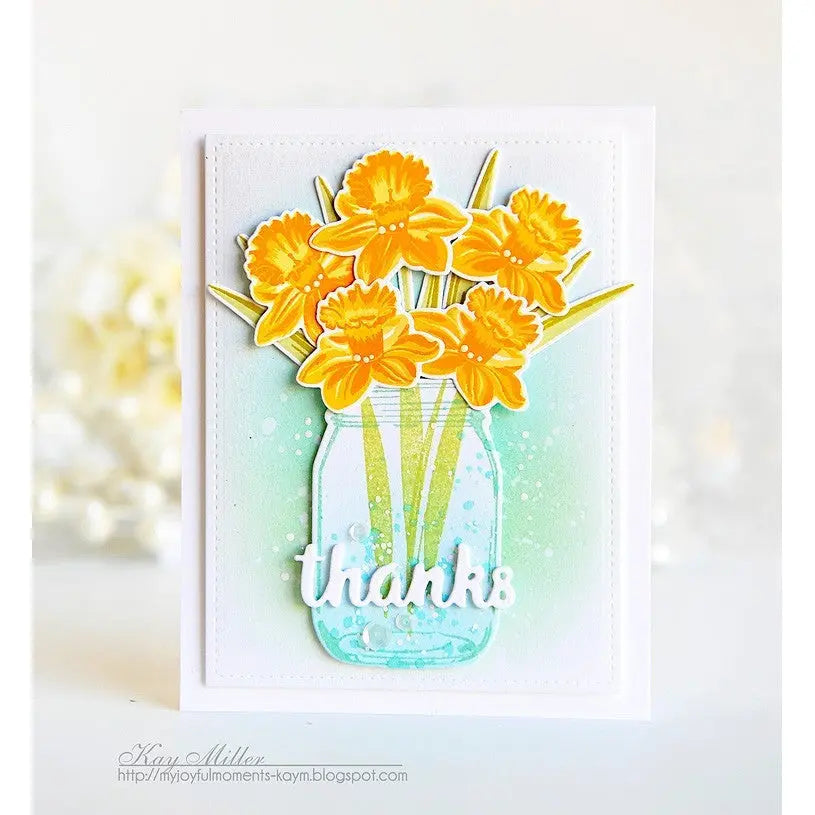 Sunny Studio Daffodils in Vintage Ball Jar Thank You Card by Kay Miller (using Daffodil Dreams 4x6 Clear Layering Stamps)