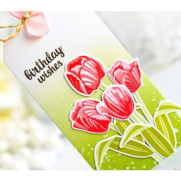 Sunny Studio Stamps Red Layered Tulips Spring Handmade Birthday Gift Tag using Timeless Tulips 4x6 Clear Layering Stamp Set