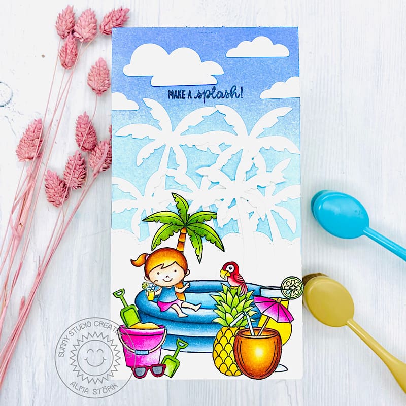 Sunny Studio Stamps Summer Splash Pool Party Slimline Card using Tropical Trees Backdrop Palm Trees & Clouds Cutting Die