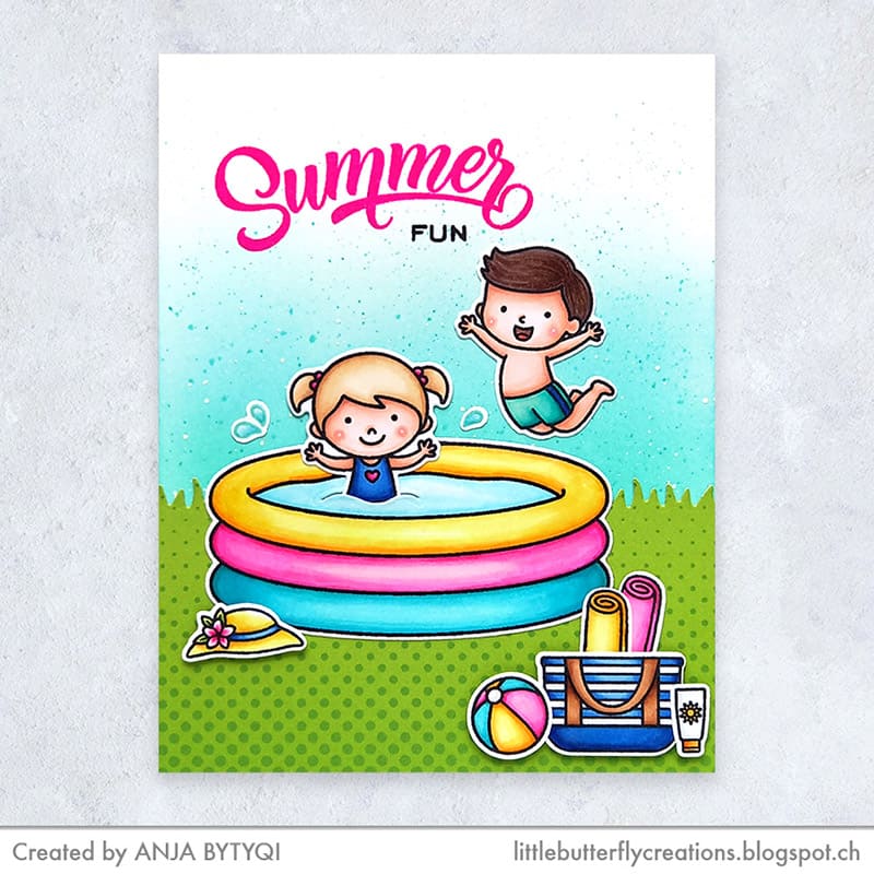 Sunny Studio Kid Jumping into Swimming Pool with Beach Bag Summer Fun Card (using Kiddie Pool 4x6 Clear Stamps)