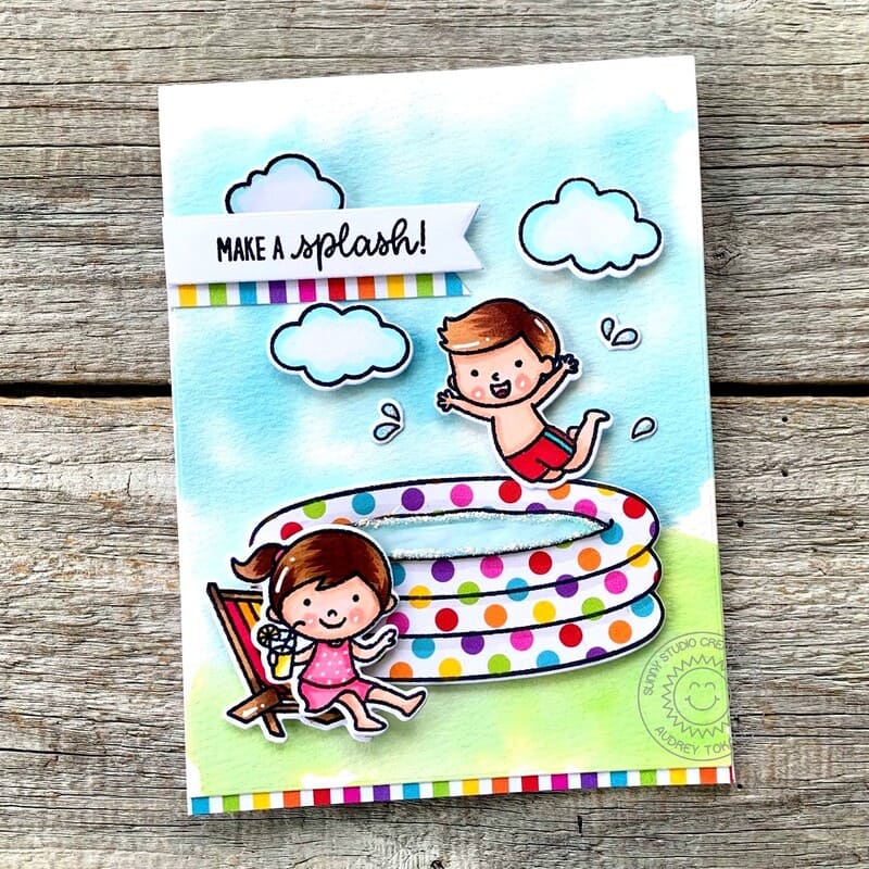 Sunny Studio Make A Splash Boy Jumping into Polka-dot Swimming Pool Summer Card (using Kiddie Pool 4x6 Clear Stamps)