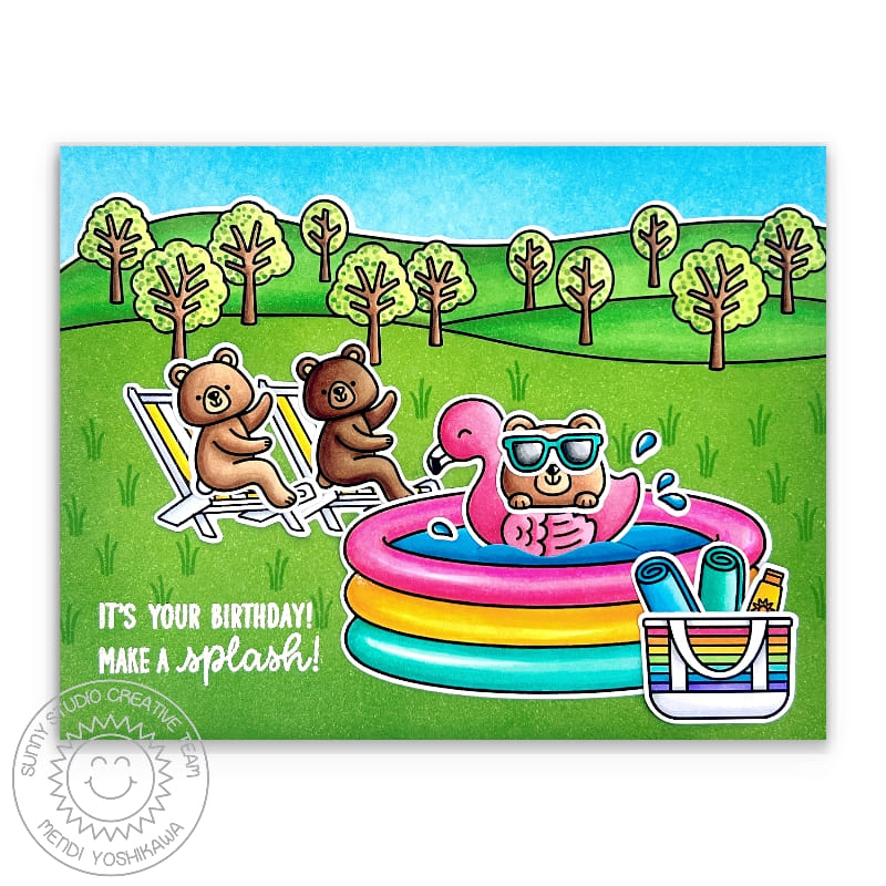 Sunny Studio Bears in Lawn Chairs and Splashing in Pool Summer Birthday Card (using Kiddie Pool 4x6 Clear Stamps)